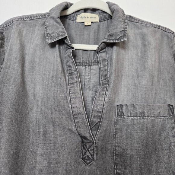 Cloth & Stone Gray Chambray Tunic Top Women’s Size L Long Sleeve V-Neck Pullover - Picture 3 of 13